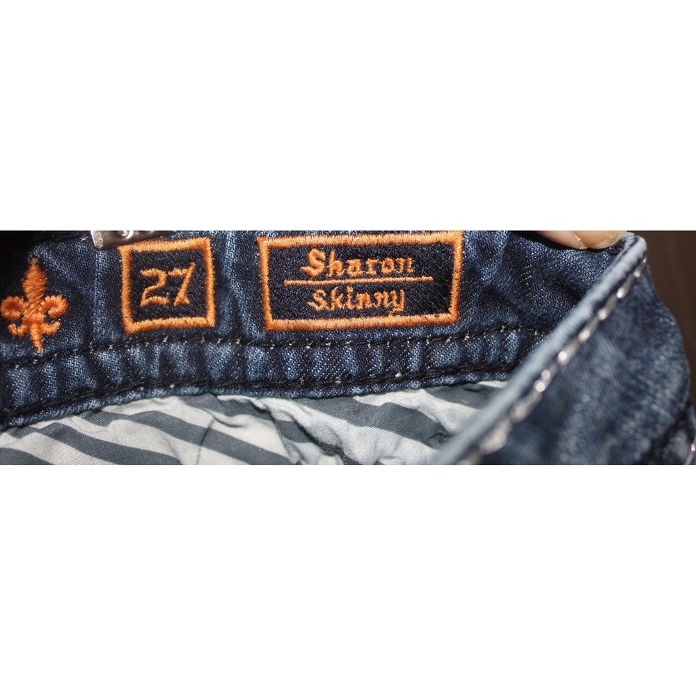 Rock Revival Sharon Skinny Jeans Dark Wash Distressed Fleur-De-Lis Blue Size 27 - Picture 4 of 5